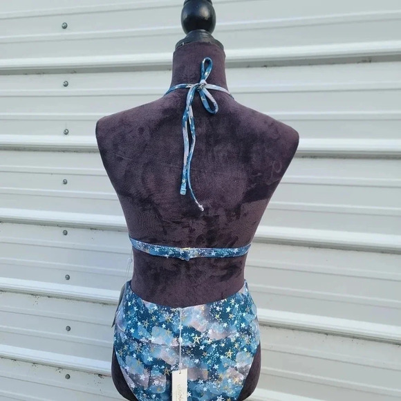 NWT B SWIM Nebula Blue Gold Set Triangle Top High-Waist Bikini Swim Bottom Sz L - Picture 11 of 16